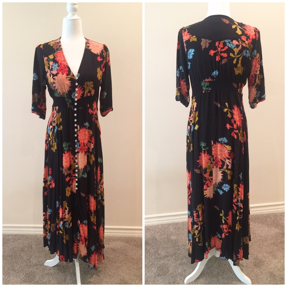 Black 3/4 sleeve floral maxi dress boho flare